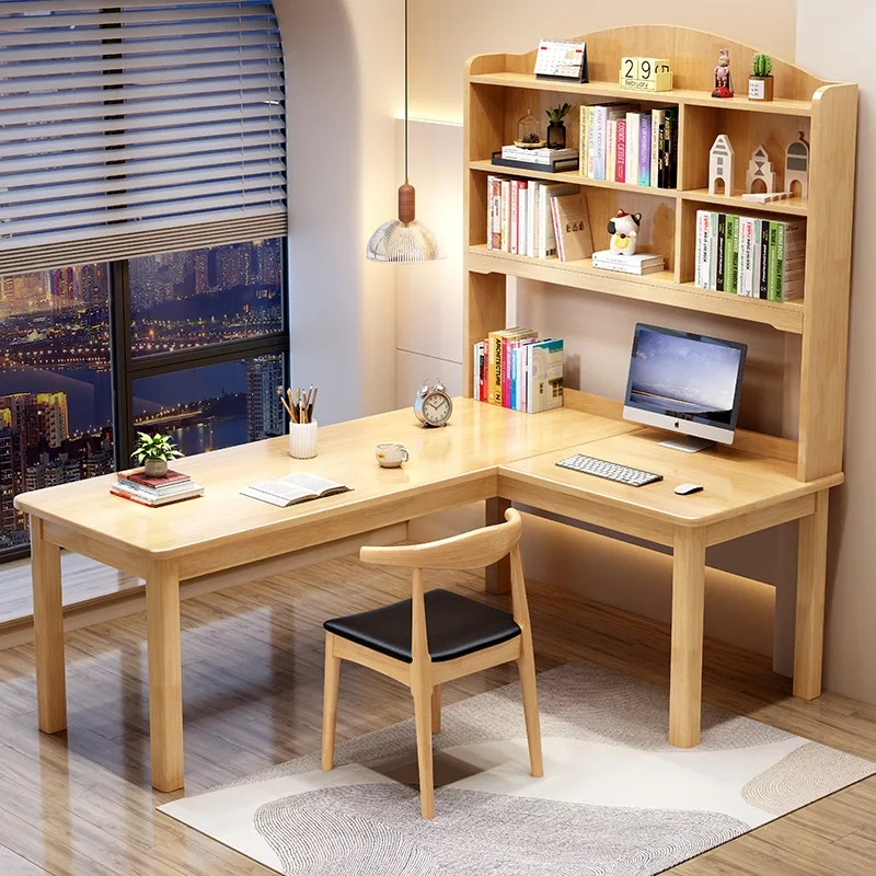 Corner L-shaped solid wood desk bookshelf integrated desktop computer desk