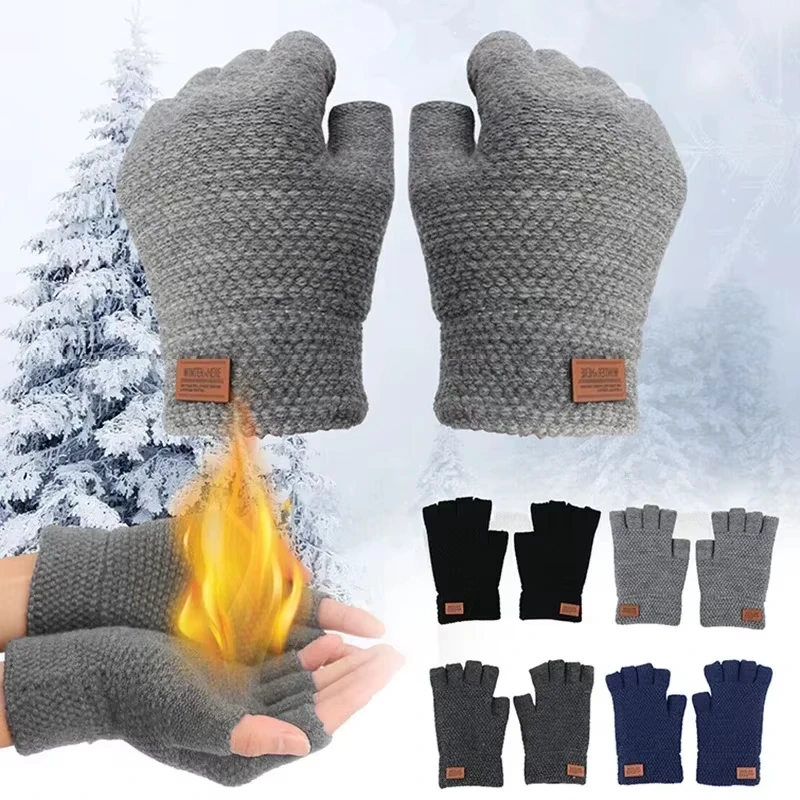 Winter Fingerless Gloves Outdoor Driving Gloves for Men Half Finger Writting Office Knitted Thick Wool Warm Label Thick Elastic