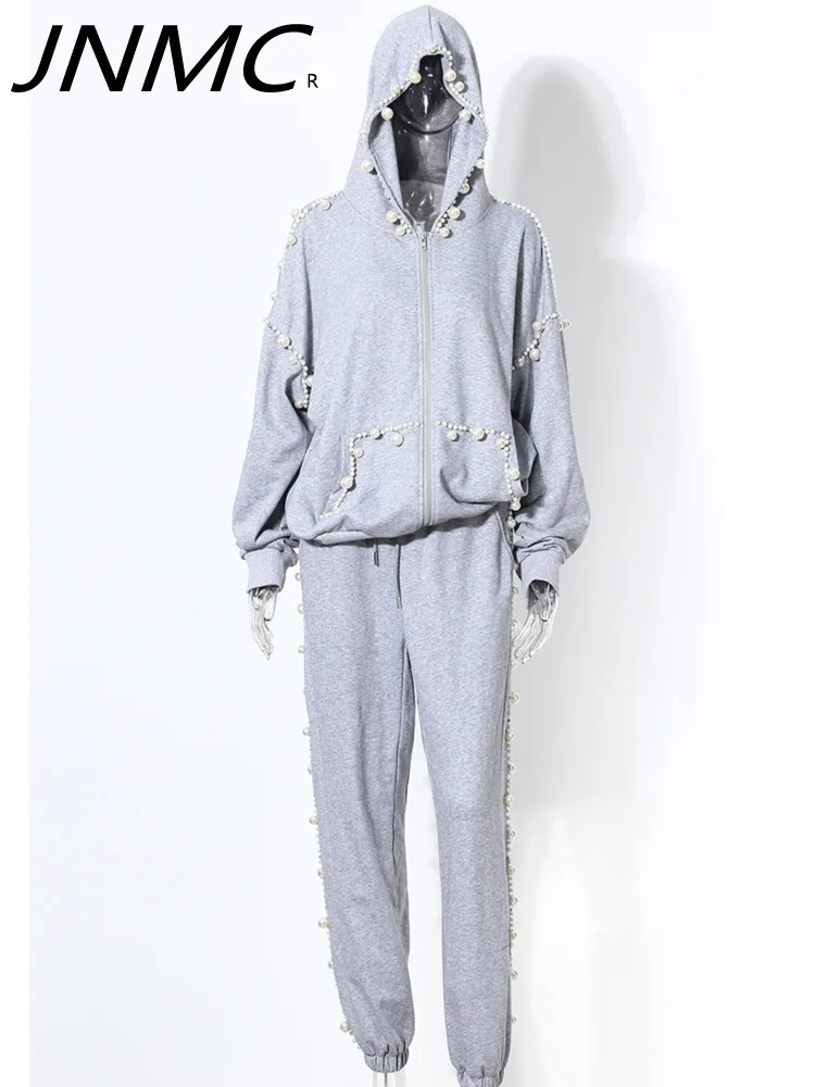 

JNMC Women's Gray Hooded Hoodie Women Spring And Autumn New Design Sense Of Small Loose Lazy Long Sleeve Top Pearl Suit 2024