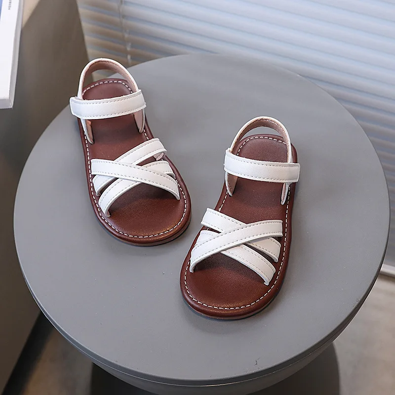 Girls Sandals Soild Color Versatile Kids Princess Shoes Open Toes Hook&loop 2025 Summer New Girls Beach Shoes Non-slip Soft Sole