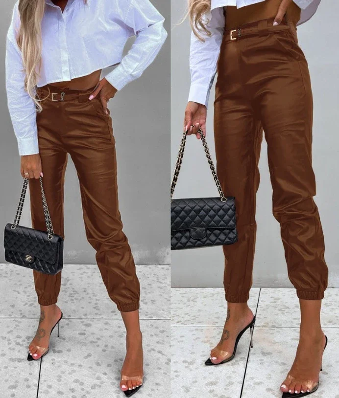 Women Black Pu Leather Pants Casual 2025 Autumn Fashion High Waist Pocket Design Sexy Tight Long Trousers Clothing Streetwear