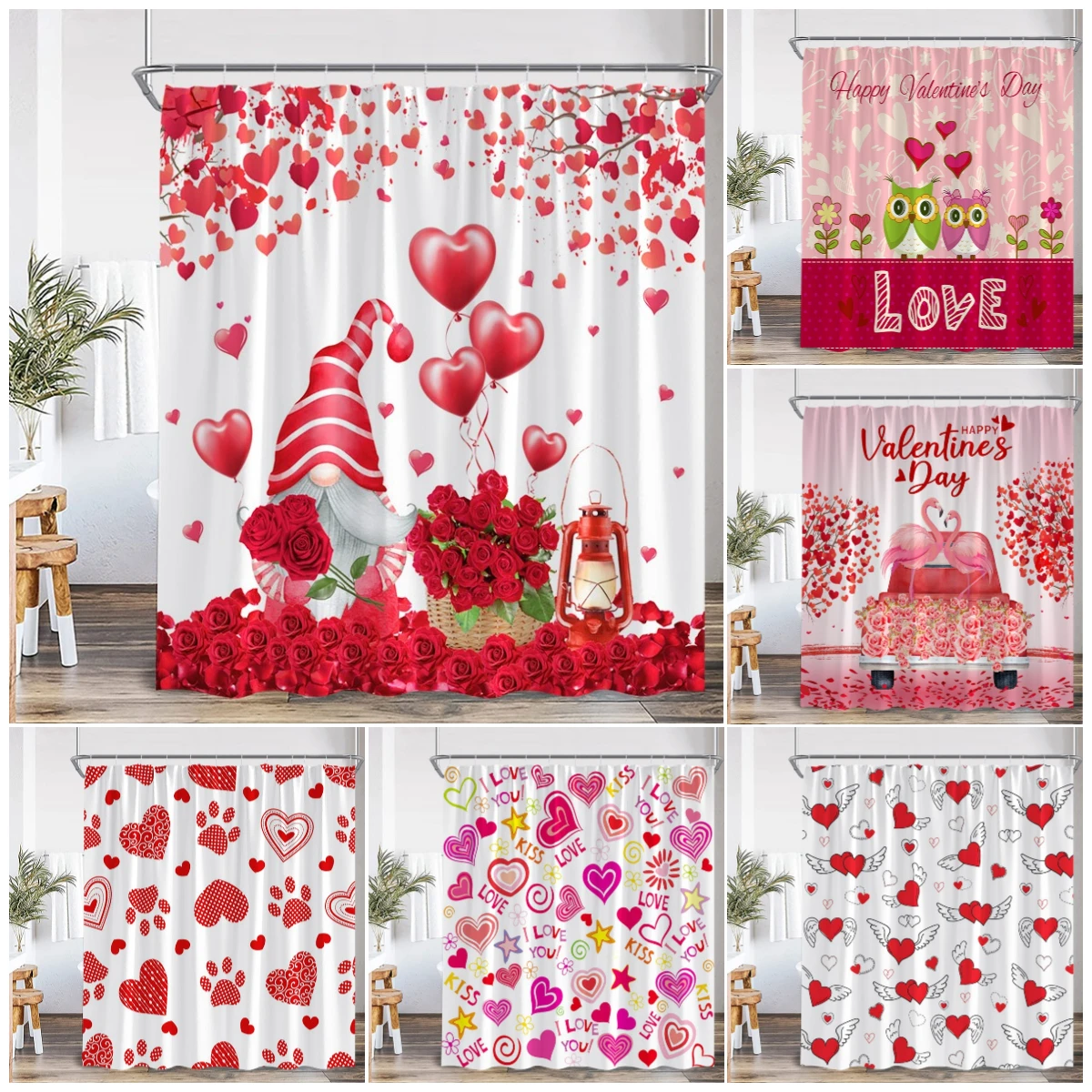 Valentine's Day Shower Curtains Red Rose Elf Owl Love Heart Animal Footprints Lovers Gift Home Bathroom Curtain Decor With Hooks