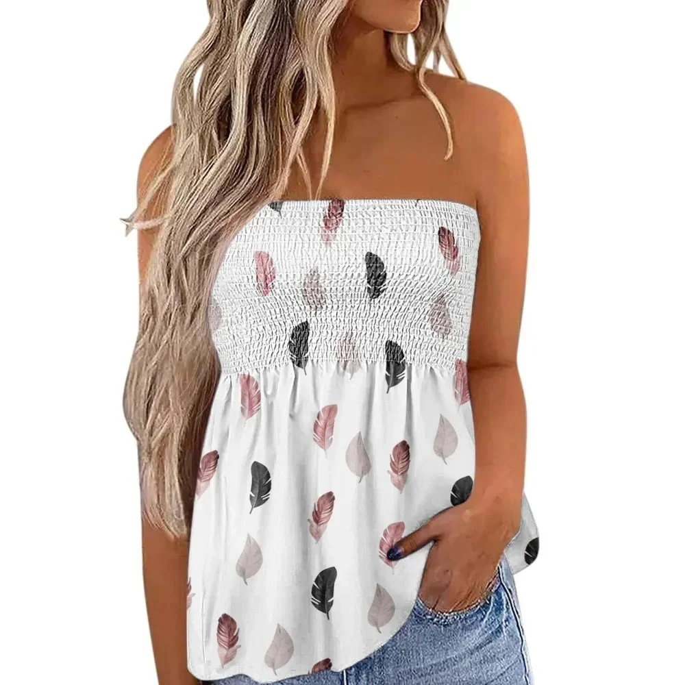 Women Printed Sexy Fashion Off-Shoulder Cropped Tube Top Smocked Vest Summer Casual Daily Streetwear Chic Minimalist New