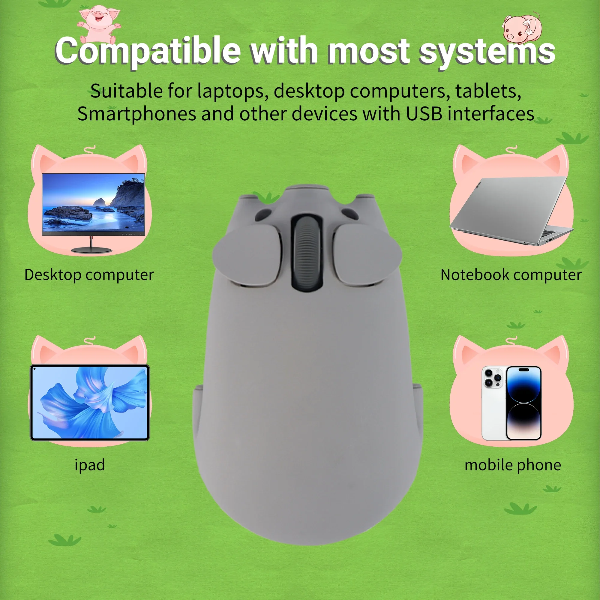Cicha mysz bezprzewodowa Bluetooth 2.4G, uroczy wzór świnki z kreskówki, lekka, ergonomiczna, dla małych dłoni, myszki do komputera PC i laptopa dla dziewcząt. — zdjęcie produktu 6