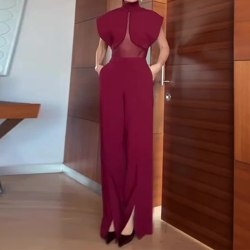 

Elegant Solid Color Slim Pocket Pants Sets Summer New Women's Commute Set Temperament Turtleneck Mesh Hollow Out Tops&Pants Sets