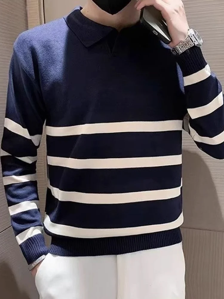 

2023 Men's Striped O-neck Thin Long-Sleeved Knitted Sweater Youth Round Neck Pullover Slim Fit Casual Sweater Knitwear A62