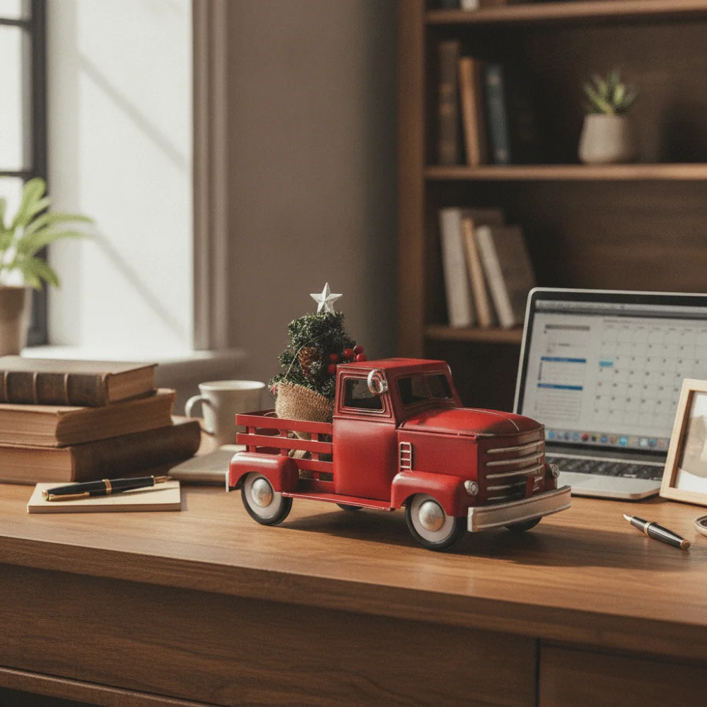 American Rustic Style Red Truck with Christmas Tree Ornament with Light Vintage Christmas Pickup Truck Statue Mini Metal