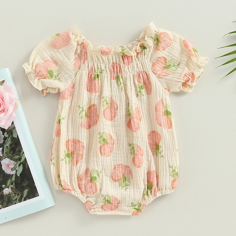 Infant Baby Girls Romper Flower Print Short Puff Sleeve Newborn Jumpsuits Summer Clothes Bodysuits