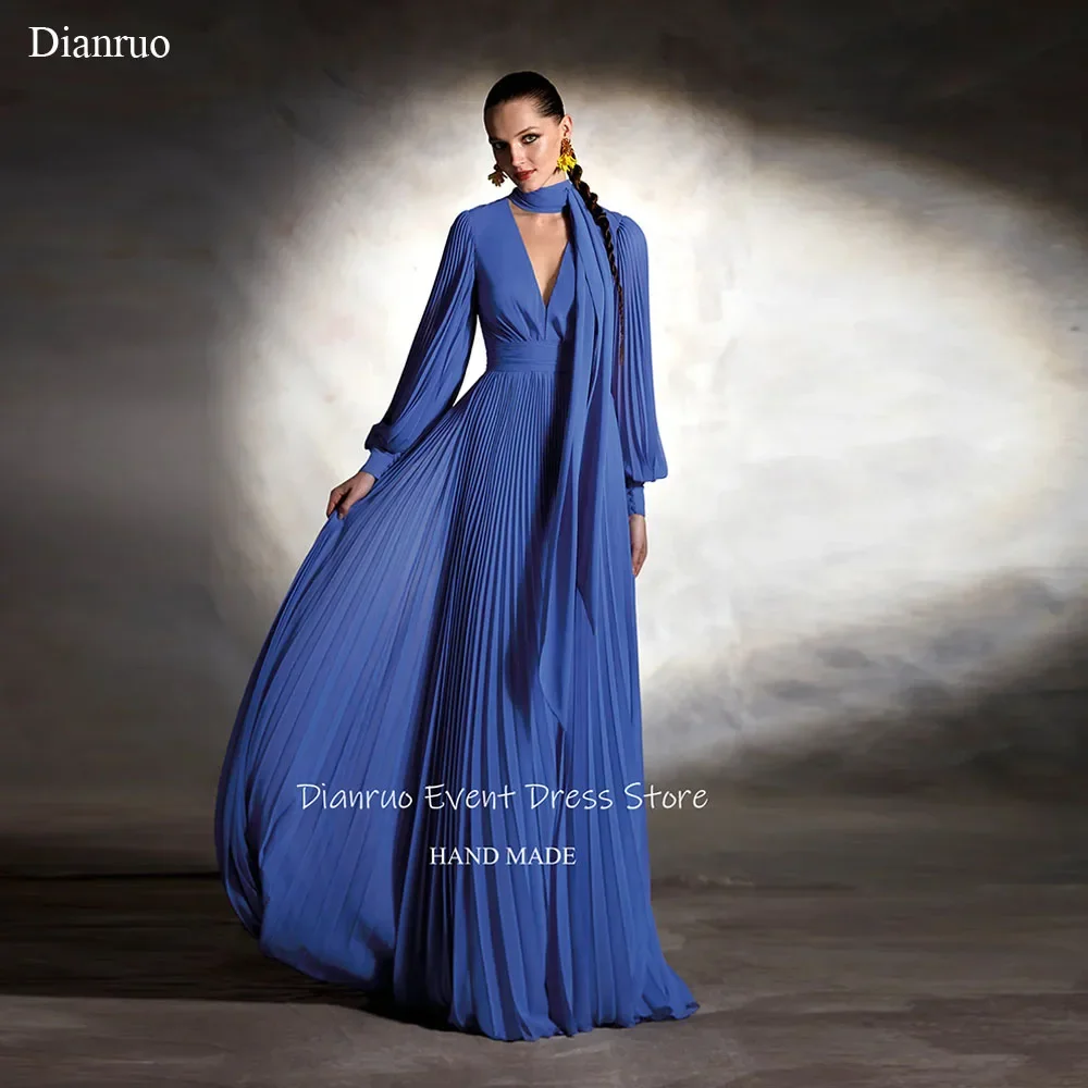 

Dianruo Royal Blue Вечерние платья с глубоким V-образным вырезом и рюшами, плиссированные платья Vestido De Fiesta, шифоновые платья трапециевидной формы, 2025 г., женские по индивидуальному заказу