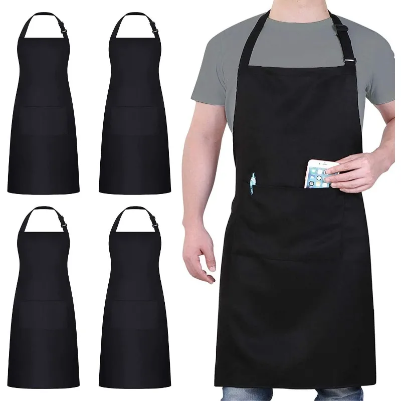 

4 Packs Chef Apron, Black Waterproof Apron, Adjustable Apron with 2 Pockets for Men Women, Professional Apron