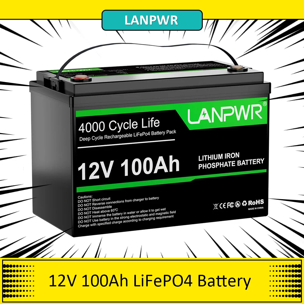 LANPWR 12V 100Ah LiFePO4 Battery Pack, 1280Wh Energy, with 4000+ Deep Cycles & Built-In 100A BMS，Trolling Motor