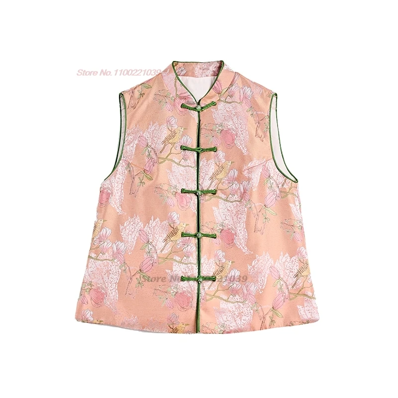 2024 chinese vintage hanfu tops national flower print folk vest sleeveless jacket traditional stand collar cotton-padded vest