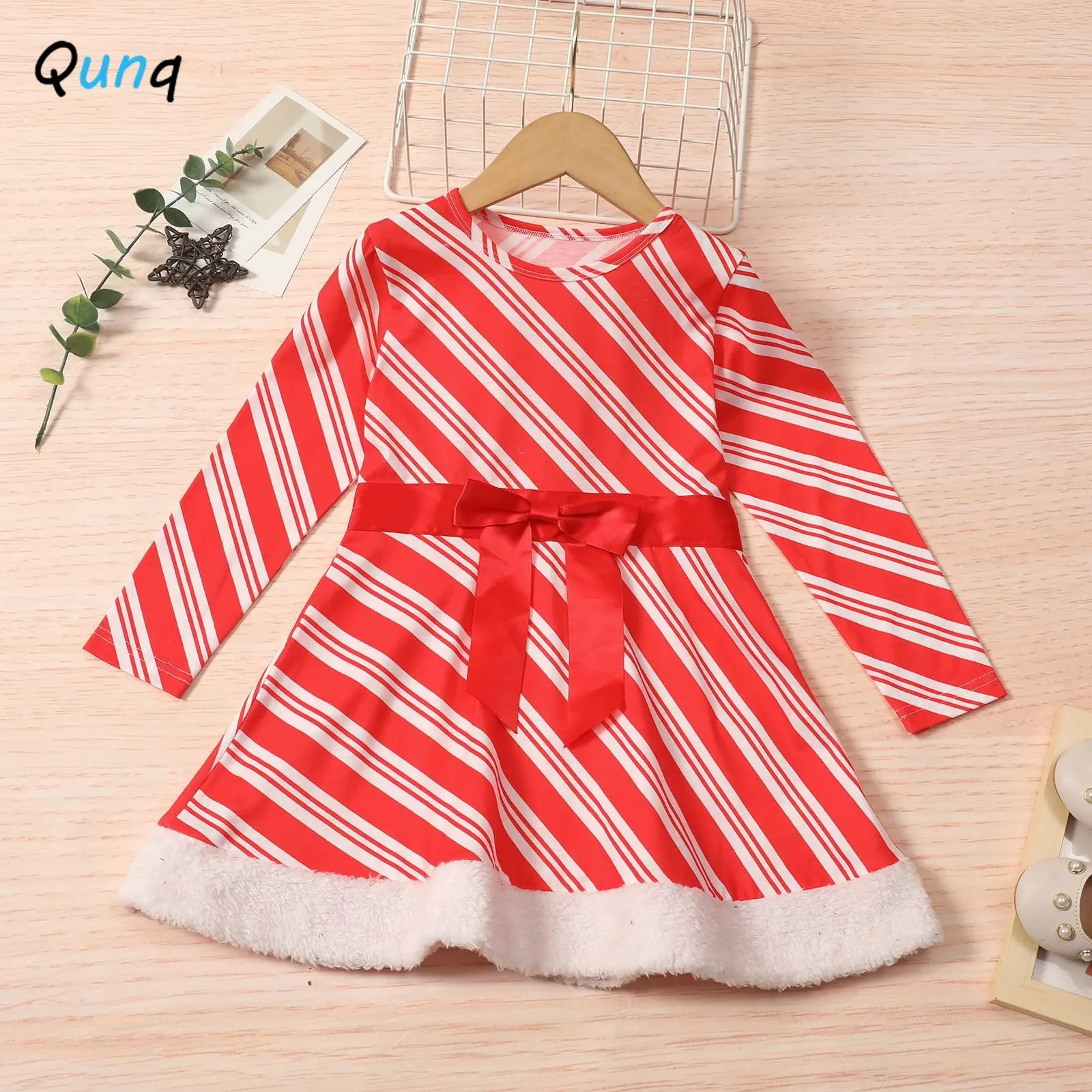 

Qunq Autumn Girls Christmas Dress O Neck Long Sleeve Bow Stripe Splicing Cute Knee-Length Dresses Casual Kids Clouthes Age 3T-8T