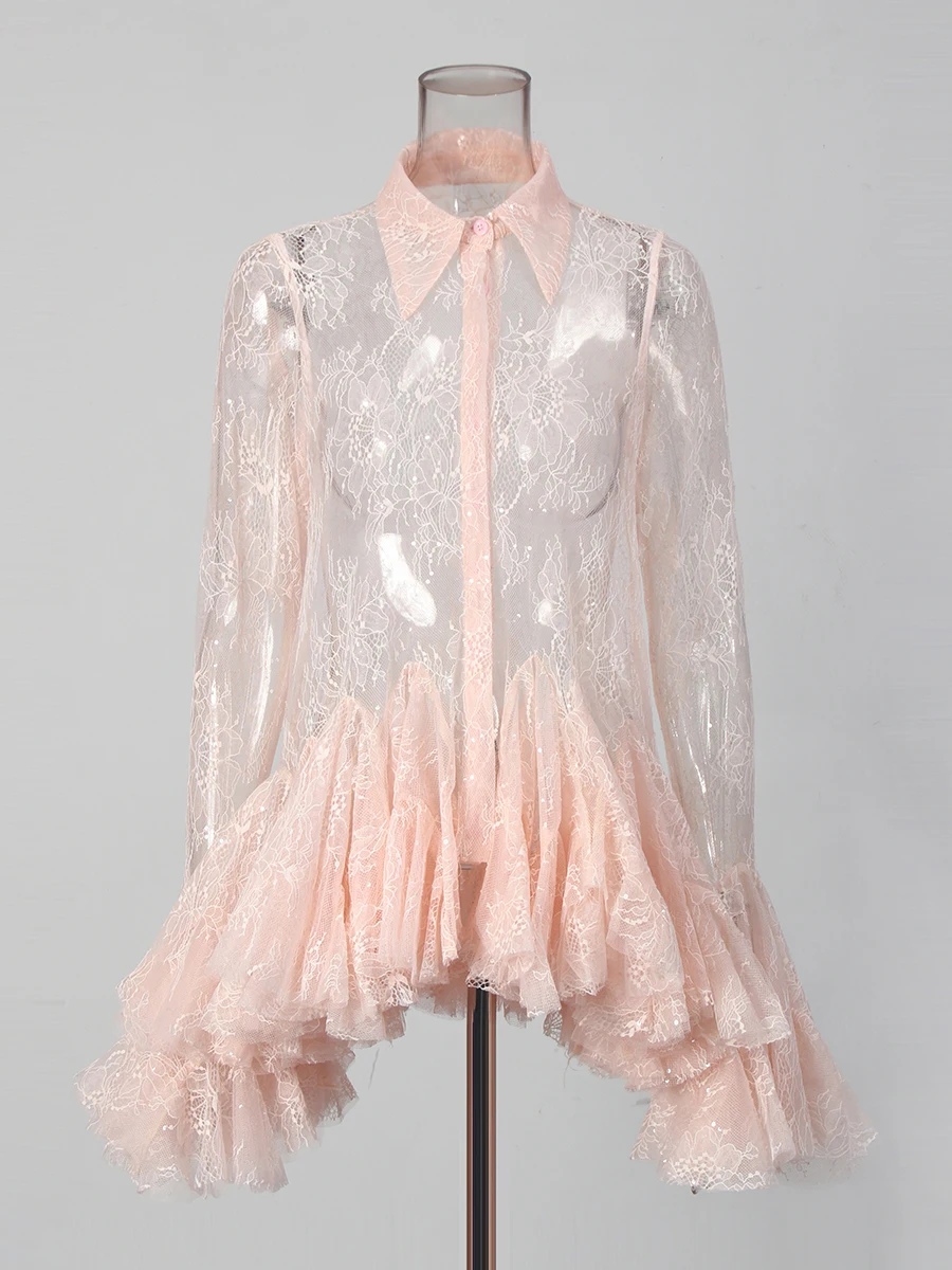 TWOTWINSTYLE Solid Sheer Spliced Ruffles พับ Elegant ชุดผู้หญิงแขนยาว Patchwork ลูกไม้มินิชุดหญิง