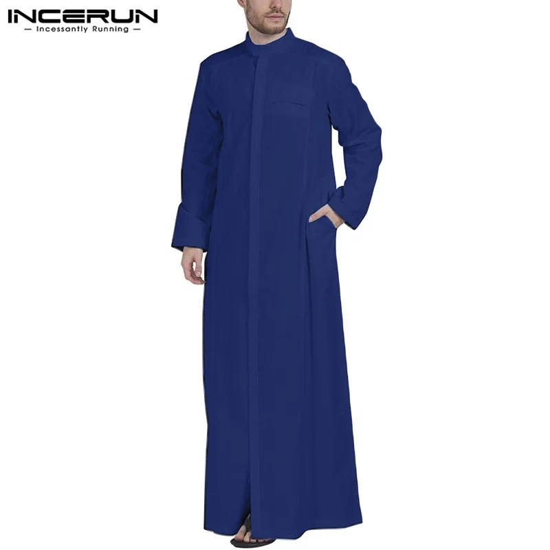 INCERUN 2024 New Men Muslim Fashion Clothes Solid Jubba Thobe Long Sleeve Stand Collar Pockets Robes Islamic Arabic Kaftan S-5XL