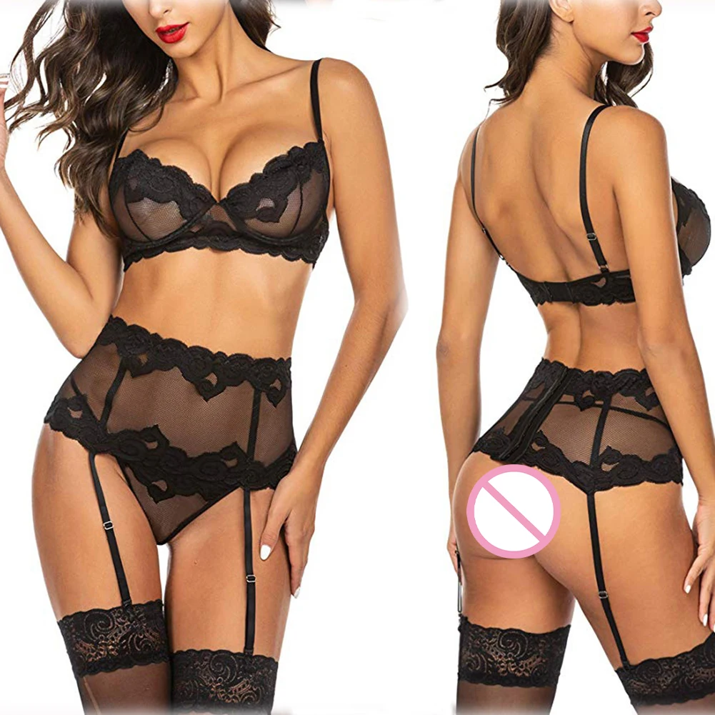 

Сексуальное женское нижнее белье, сетчатый прозрачный комплект бикини, женский кружевной комплект из трех предметов, нижнее белье, эротические колготки, боди