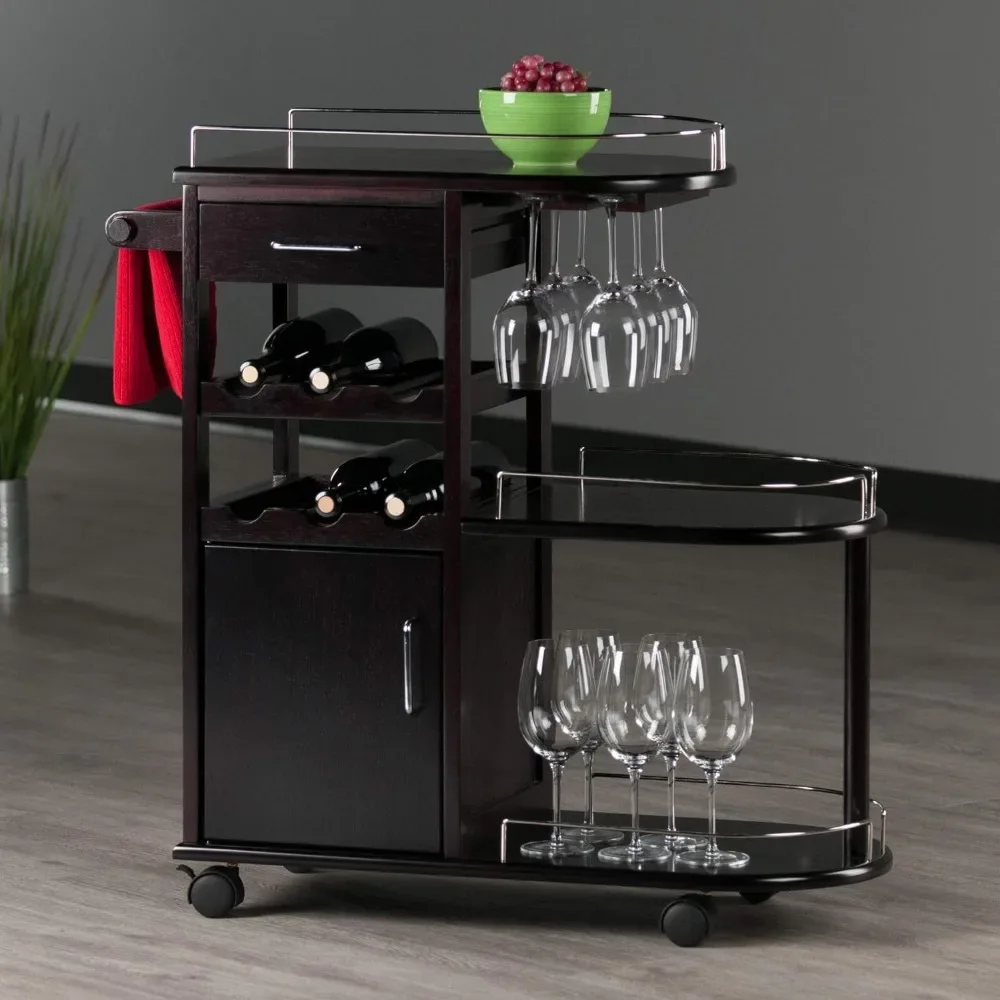 Kitchen cart, can hold wine bottles and glasses, has an open shelf and drawer for kitchen storage, with wheels and cart handle