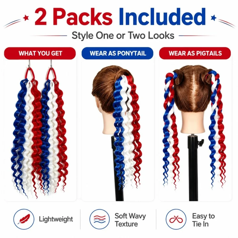 2PC Synthetic Long Deep Wave Colored Braiding Ponytail with Rubber Band Crochet Hair Ombre Soft Curly Braiding Hair for Women