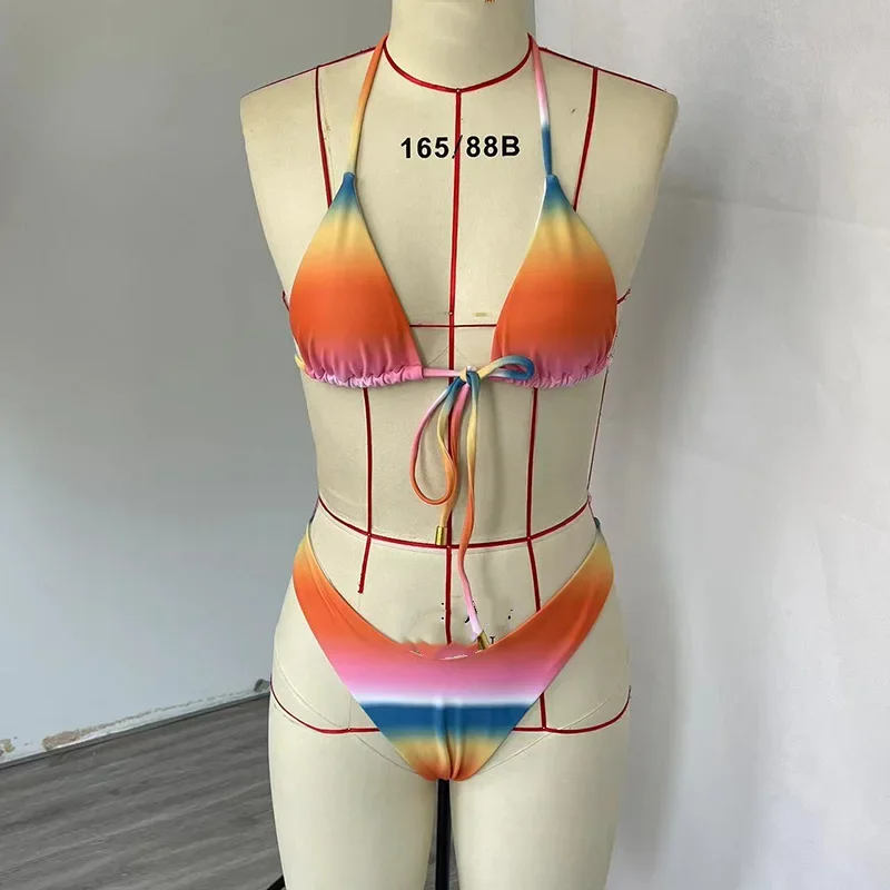 BEACHCICI damskie bikini dwuczęściowe letnie seksowne wiązane na szyi kontrastowy kolor gradientowy Backless zasznurowany strój kąpielowy na wakacje