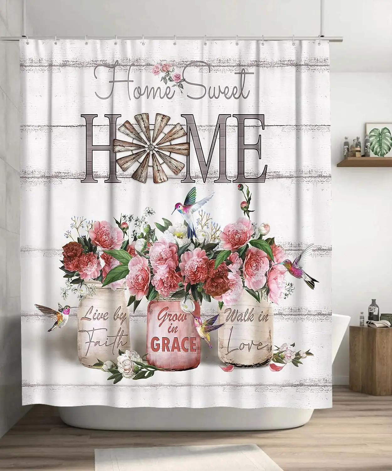 

Tijuboni Farmhouse Rose Shower Curtain Peony Flower Shower Curtains for Neutral Country Floral Bathroom Decor Rustic Shower Curt