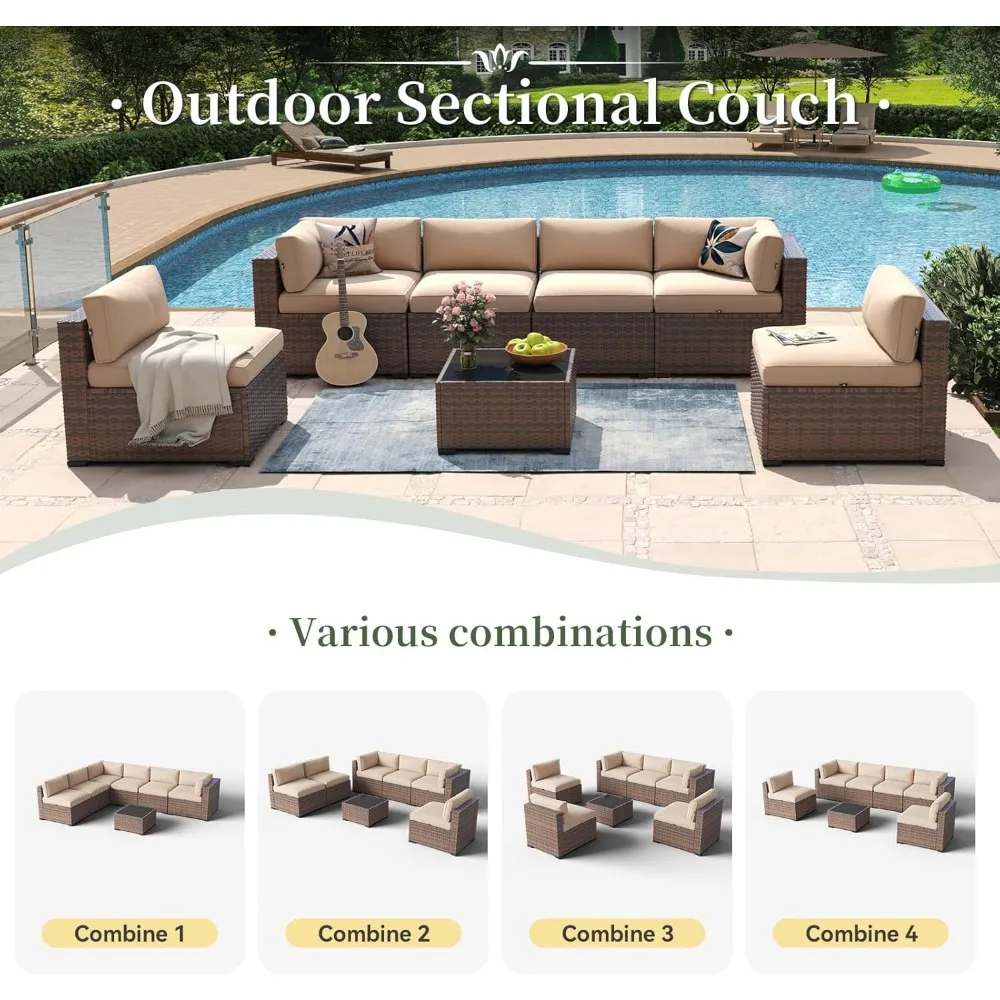 7 Piece Patio Furniture Set Wicker Rattan Patio Conversation Set Outdoor Sectional Sofa Set with Coffee Table and Thickened Cus