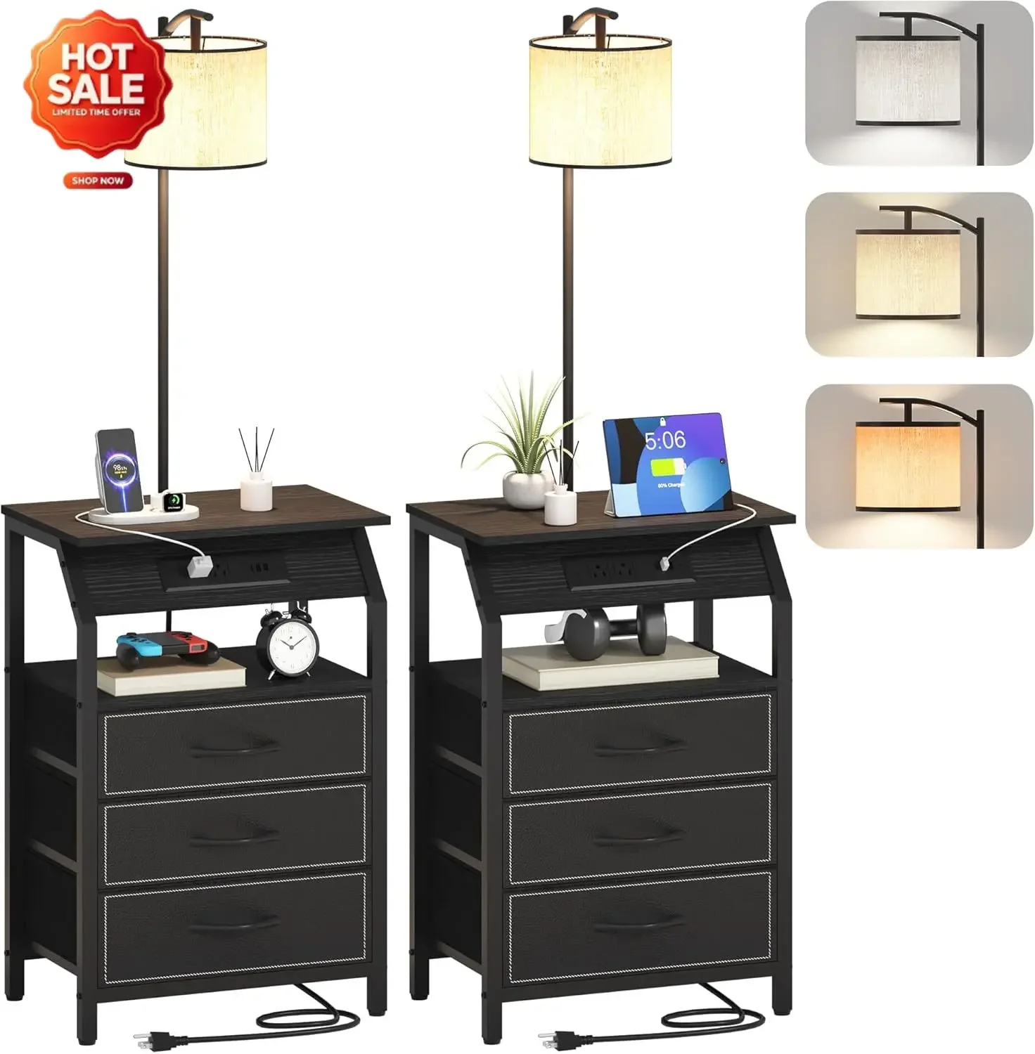 End Table with Floor Lamp Set of 2, Nightstand with Charging Station, Floor Lamp Table with 3-Color Temperature Bulb, Bedside Ta