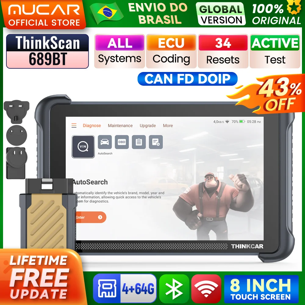 Thinkcar thinkcscan 689bt carro obd2 ferramenta de diagnóstico doip pode fd todos os sistemas 34 redefinição ecu codificação ferramenta de verificação de controle bidirecional