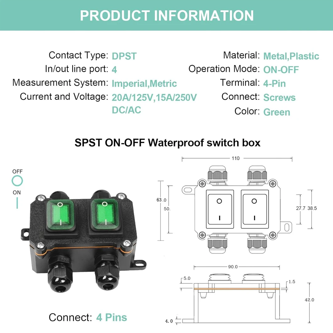 DPST التيار المتناوب/DC220V 20A/30A الروك مفتاح بـزر دفع صندوق IP66 على الخروج تبديل التبديل ضعف الجانب ثقب مزدوج KCD4 الروك التبديل صندوق #4