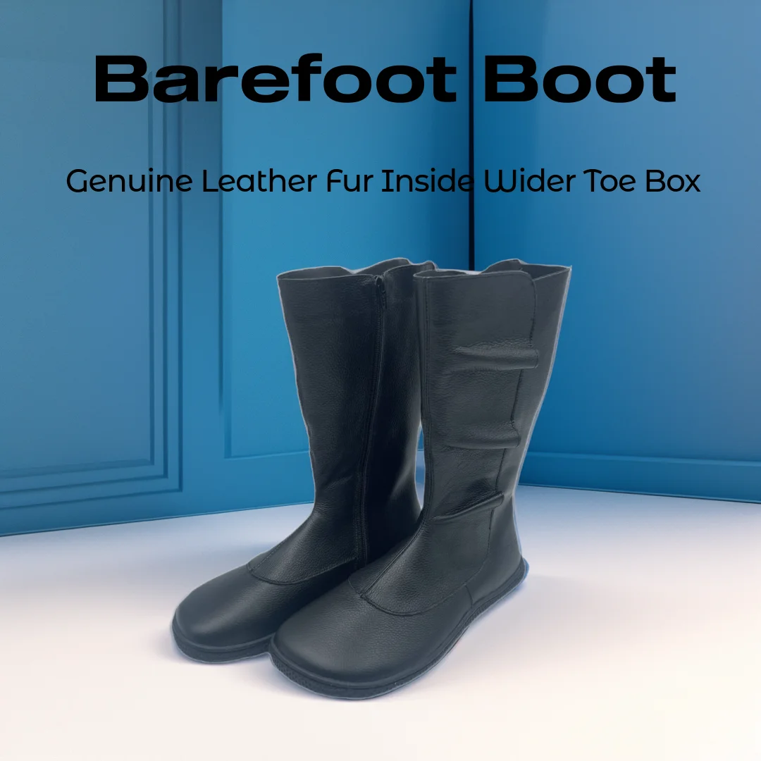 Tipsietoes Barefoot Genuine Leather Winter High Boots With Fur Linning Inside Women Zero Drop Sole Light Weight Wider Toe Box