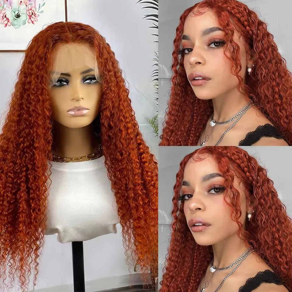 

Gonger Orange Curly Human Hair Lace Wigs For Women Natural Hairline Density180 Brazilian 13x1 T Part Ginger Curly Human Hair Wig