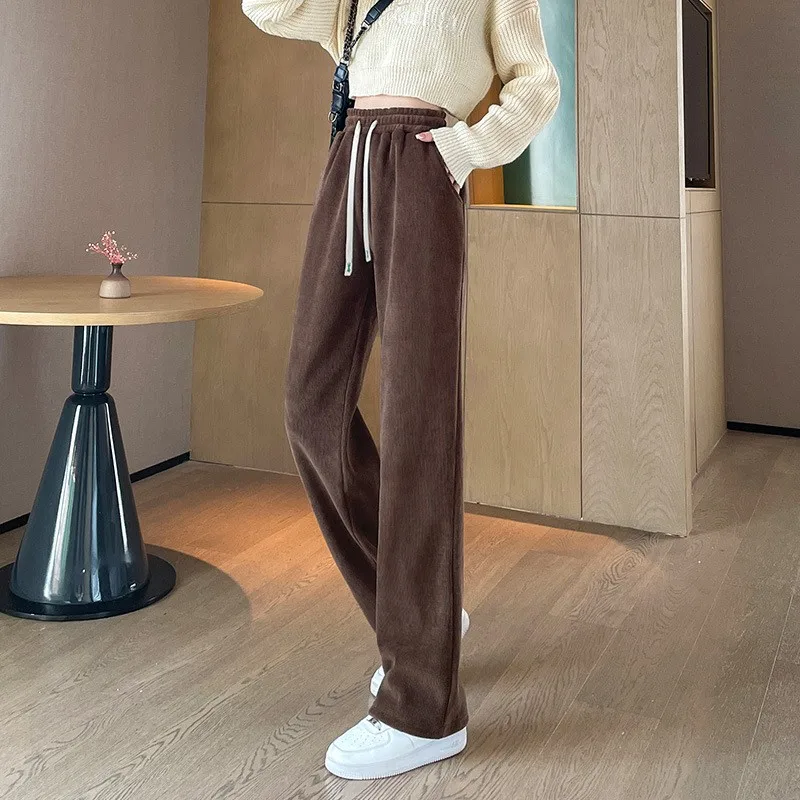 Spodnie damskie z wysokim stanem, ocieplane polarem, z prostymi nogawkami, z bawełny i aksamitu, jesienno-zimowe, wygodne, codzienne spodnie o prostym kroju.