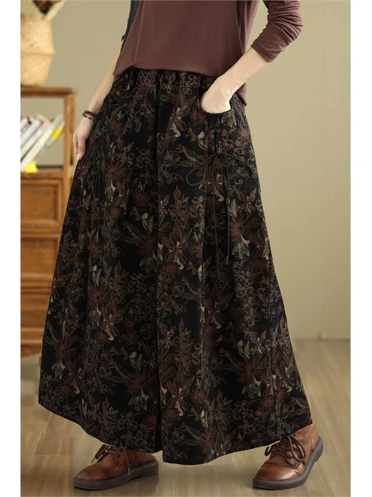 Calças de ganga com estampa floral feminina, calças elásticas femininas, cintura alta, plissada solta, moda, outono, Reto