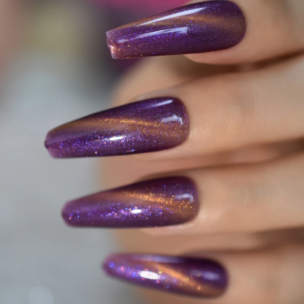 Shiny Bling Sky Purple Cat Eyes Press on False Nails Extra Long Ballerina Coffin Fake UV Full Cover Fingersnails Extention Tool