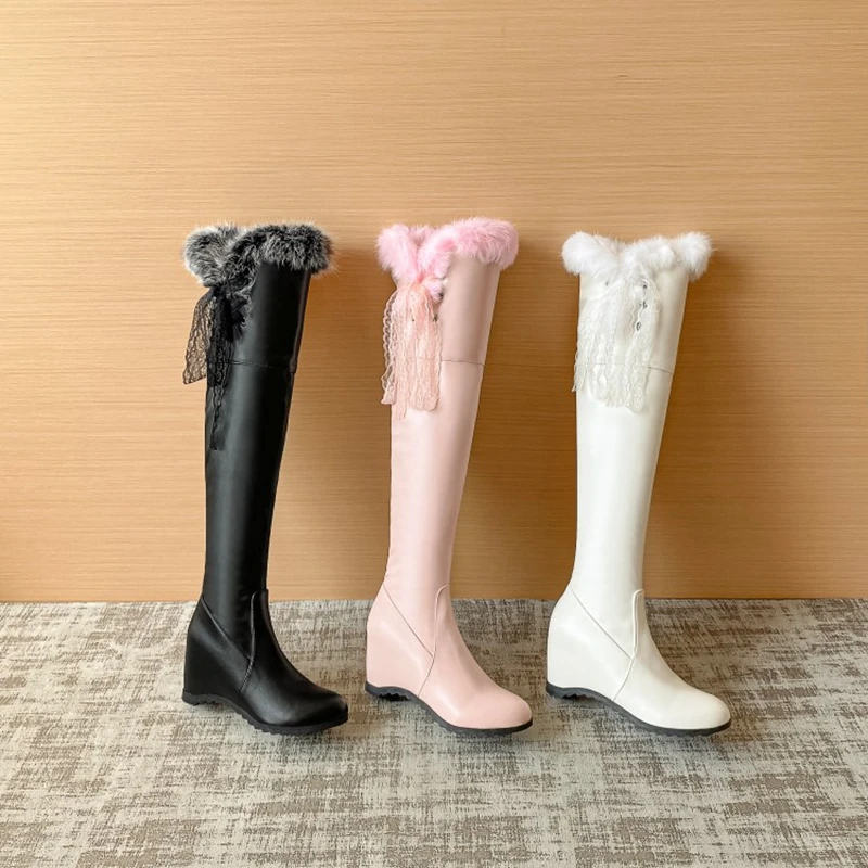 REAVE Over-Knee High Boots Round Toe Wedges Ribbons Size 34-43 Sweet Pink White Black S2721