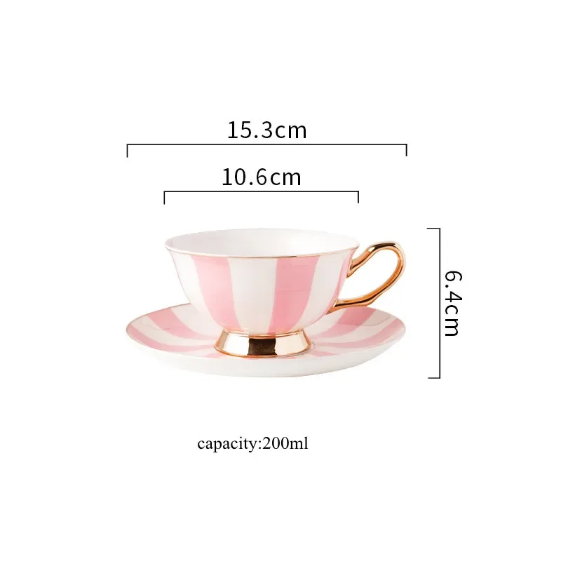 Elegant Home Gift Set Ceramic Coffee Mug English Stripe Spot Tea Cups Saucers Fine Bone China Tea Set of 6