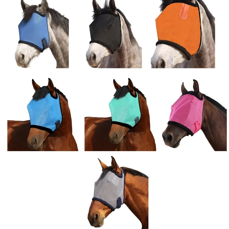 Horse Fly Mask for Pasture Turnout, Breathable Polyester Face Cover with Ear Openings for Outdoor Training and Stable Care 24BD