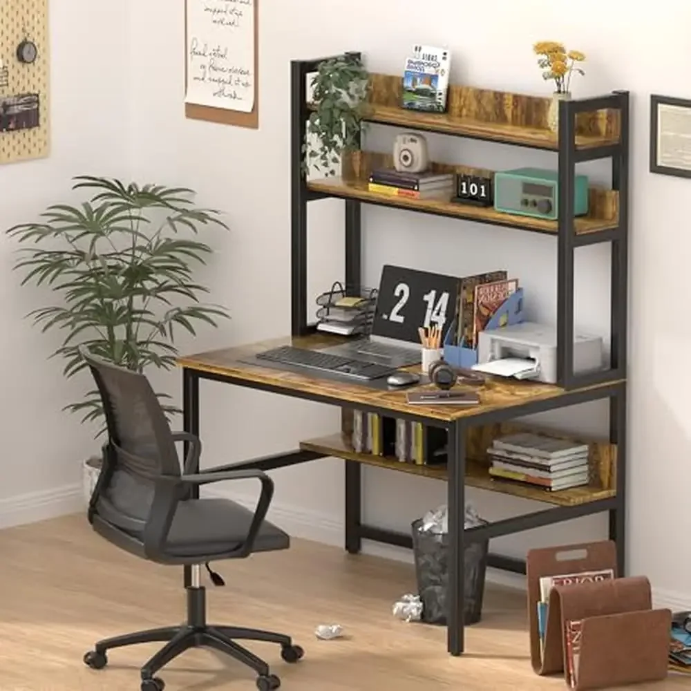 Home Office Desk with Hutch & Bookshelf Spacious Workstation Waterproof Material Adjustable Legs Rust-Free Metal Frame Easy