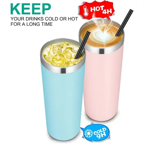 स्टेनलेस स्टील पतला गिलास, ढक्कन और स्ट्रॉ के साथ 20 औंस वैक्यूम इंसुलेटेड गिलास, दोहरी दीवार कॉफी कप, ठंड के लिए यात्रा मग 10 best sales 20 औंस का गिलास - №2