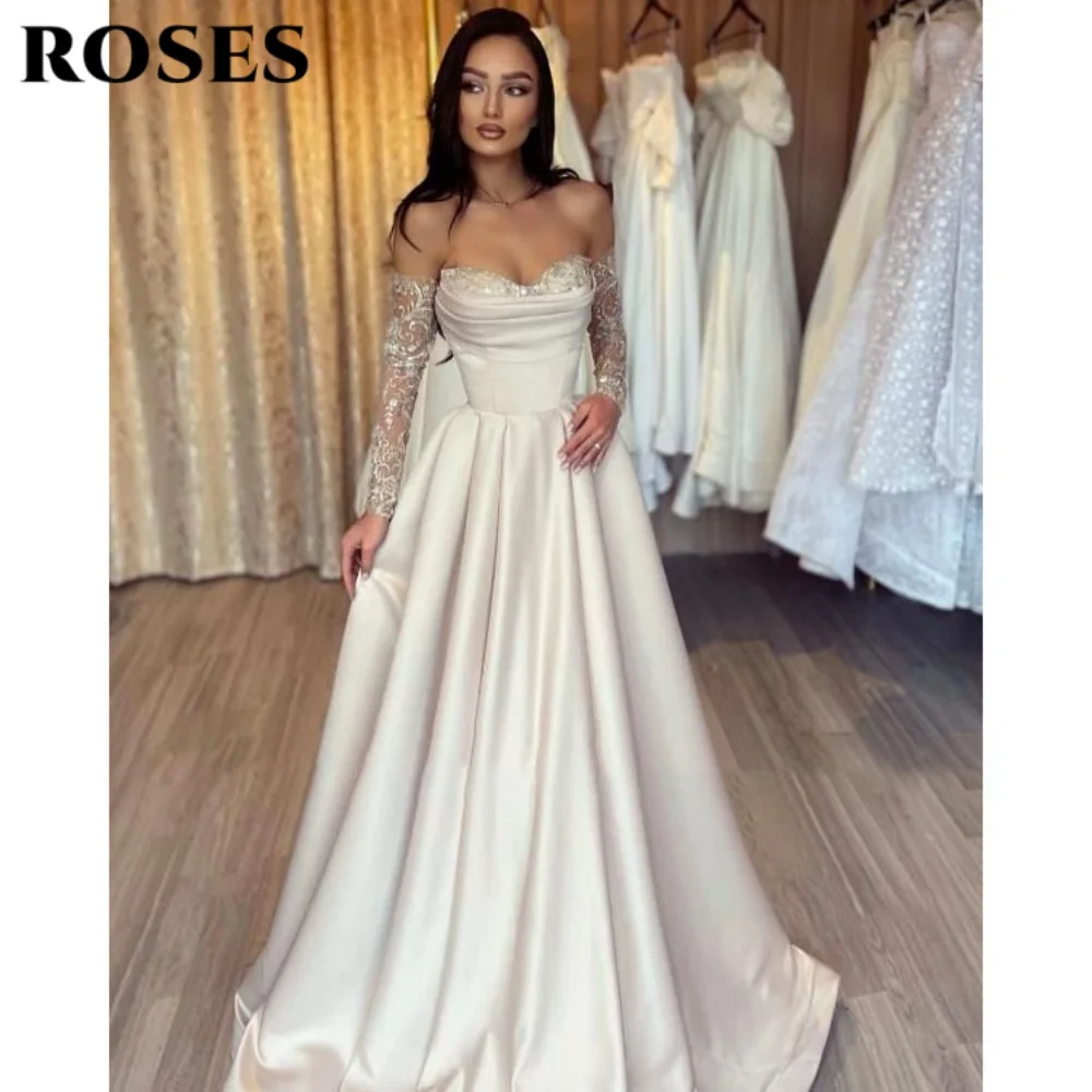 ROSES Wihte Elegant Sweetheart Prom Dress Sexy Lace Prom Gown for Woman Satin A-Line Party Dresses vestido de fiesta de boda