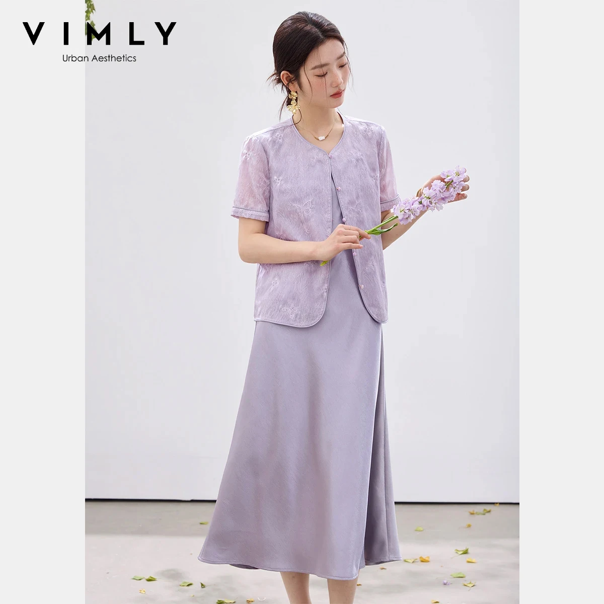 

Женский комплект VIMLY в китайском стиле из двух предметов: жаккардовая куртка с коротким рукавом и атласное однотонное платье миди, новинка лета 2026, A3729