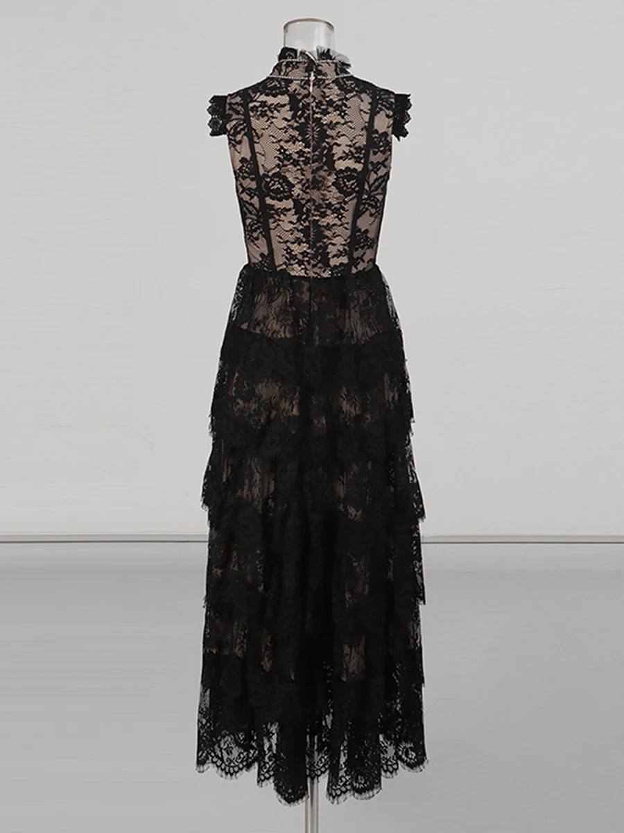 CHICEVER 솔리드 스플 라이스 스태킹 레이스 스위트 드레스 여성 터틀넥 민소매 우아한 여성 드레스 여름 스타일 패션 새로운