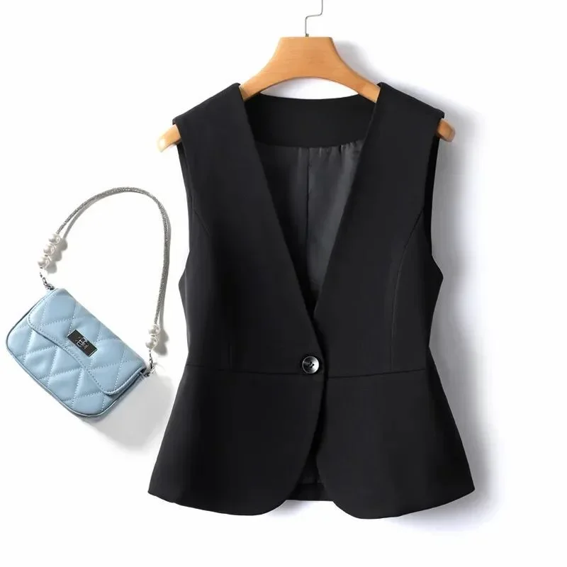 

Vests Women Spring Fall Single Button Solid Temperament Casual V-neck Design Harajuku Simple Elegant Chic All-match Office Lady