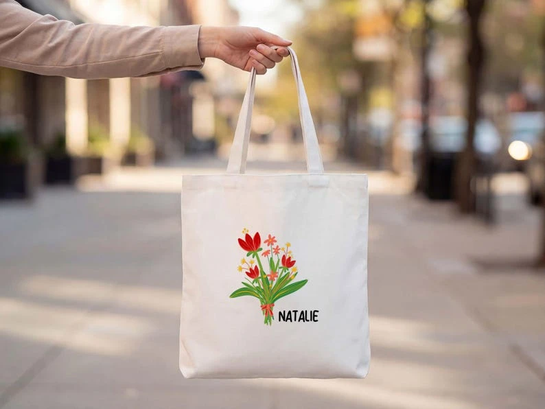Personalized Floral Tote Bag – Custom Name Canvas Bag for Women, Florist-Style Shopping Bag – Birthday Gift for Her or Teacher's