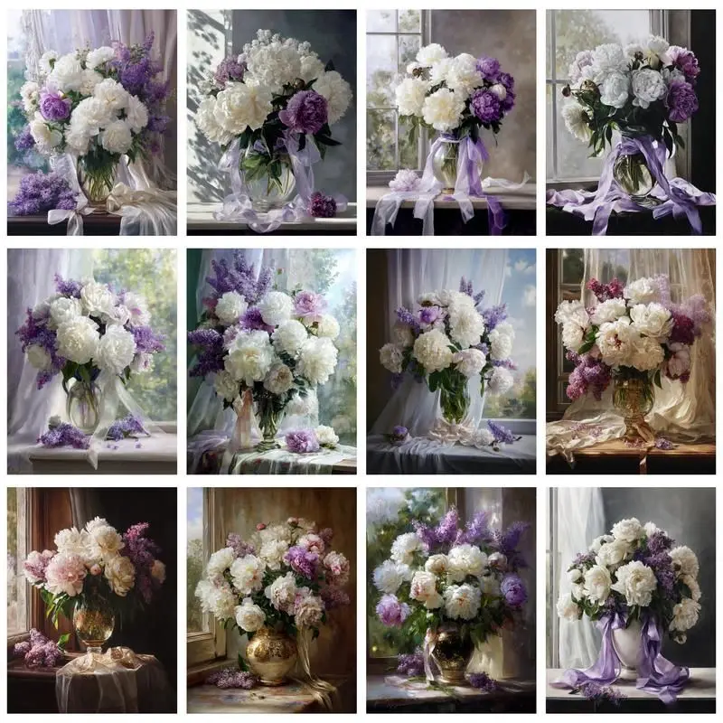 

CHENISTORY Pictures By Number White Flowers Drawing On Canvas HandPainted Art Gift DIY Paint By Number Vase Kit Home Decor