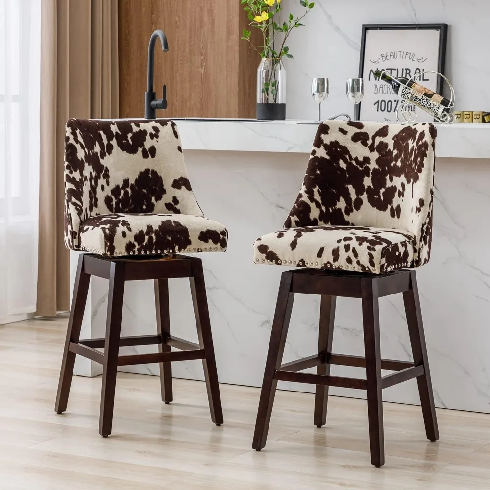 مجموعة مقاعد بار دوارة بارتفاع عداد حديث من منتصف القرن، كرسيين منجدين مخمليًا مقاس 27 بوصة بأرجل خشبية