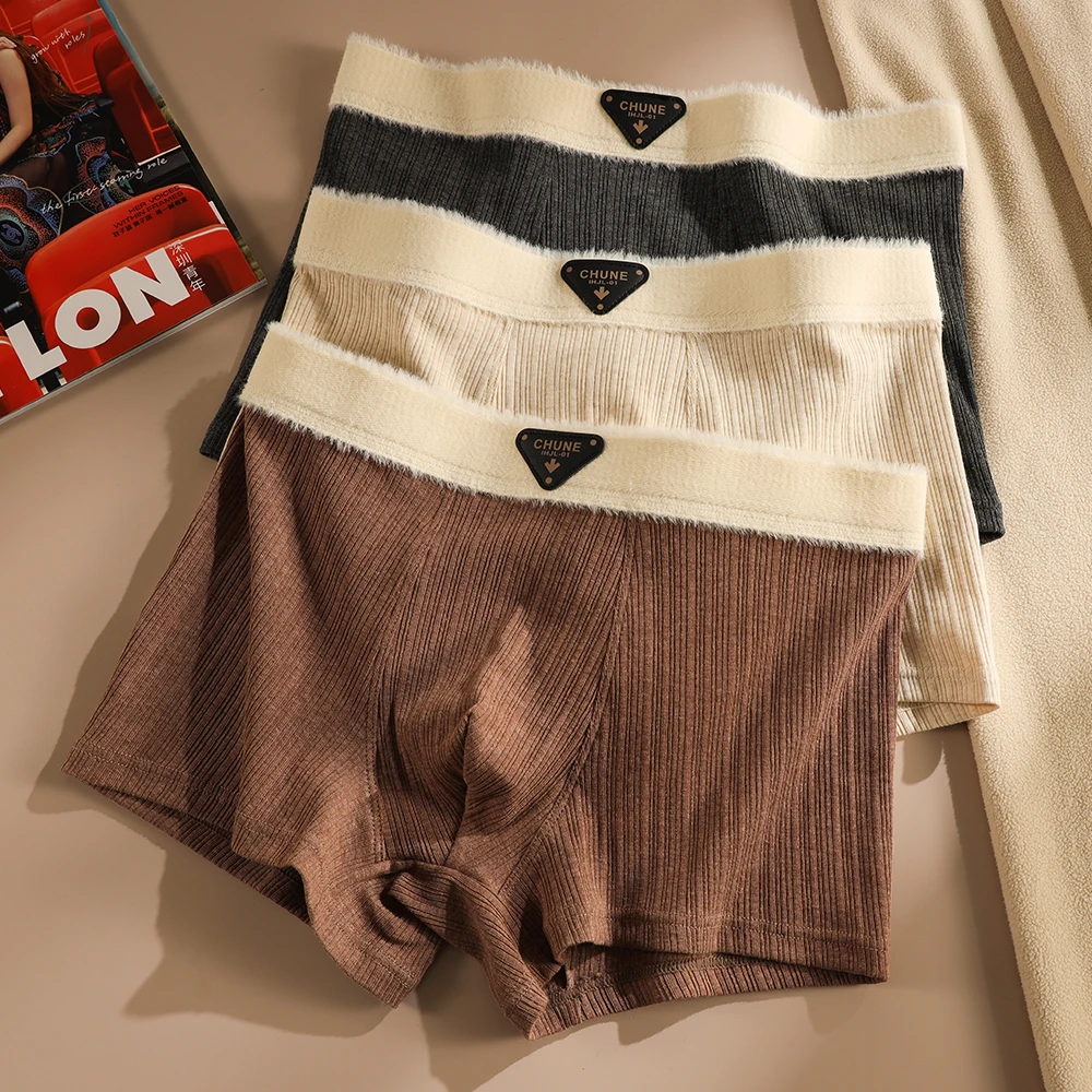 

3PCS/Pack Winter Fashion Warm Waist Men's Panties 100% Cotton Soft Solid Striped Boxers Breathable Antibacterial Men Underwear