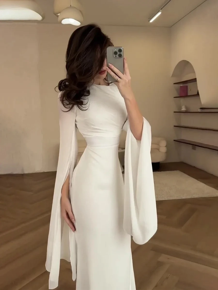 

2025 New Women's O-neck Batwing Sleeve Maxi Dress Chic Pleated High Waist Sexy Satin Dress Elegant Organza Evening Dresses Femme