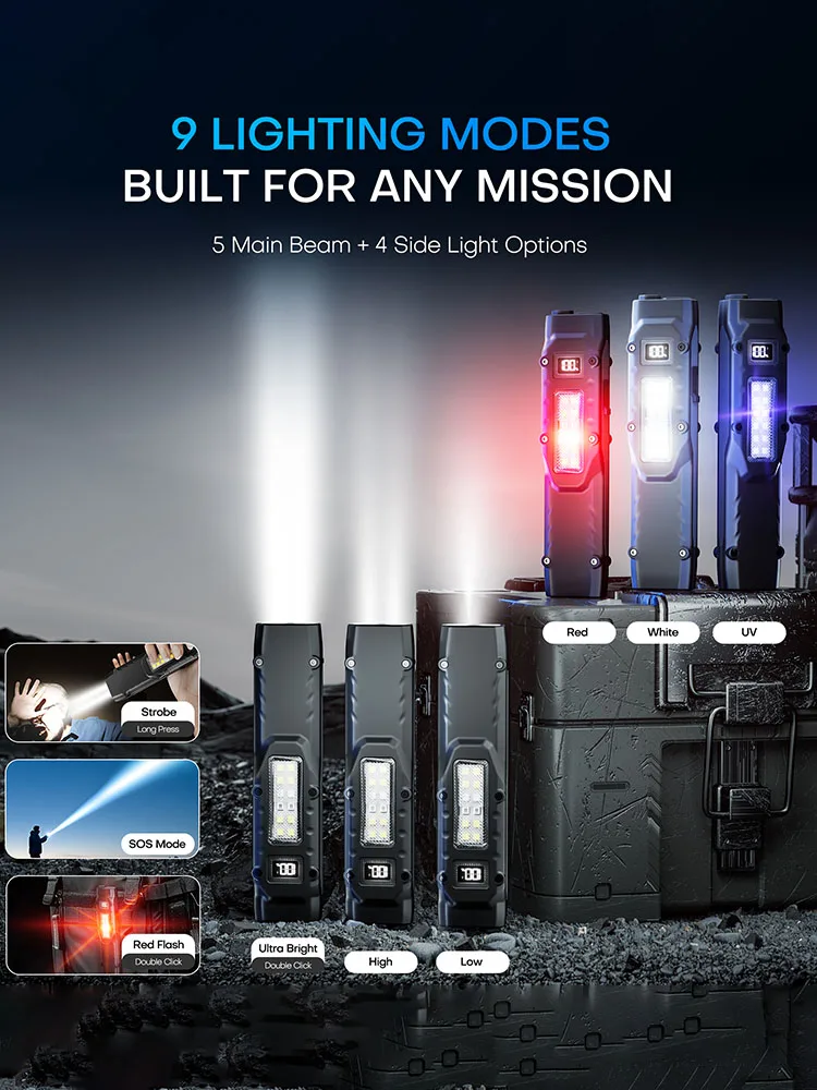 Lampes de poche plates rechargeables de 1500 lumens, lampe de poche tactique EDC, petite lampe de poche LED à double interrupteur avec affichage numérique, acier inoxydable