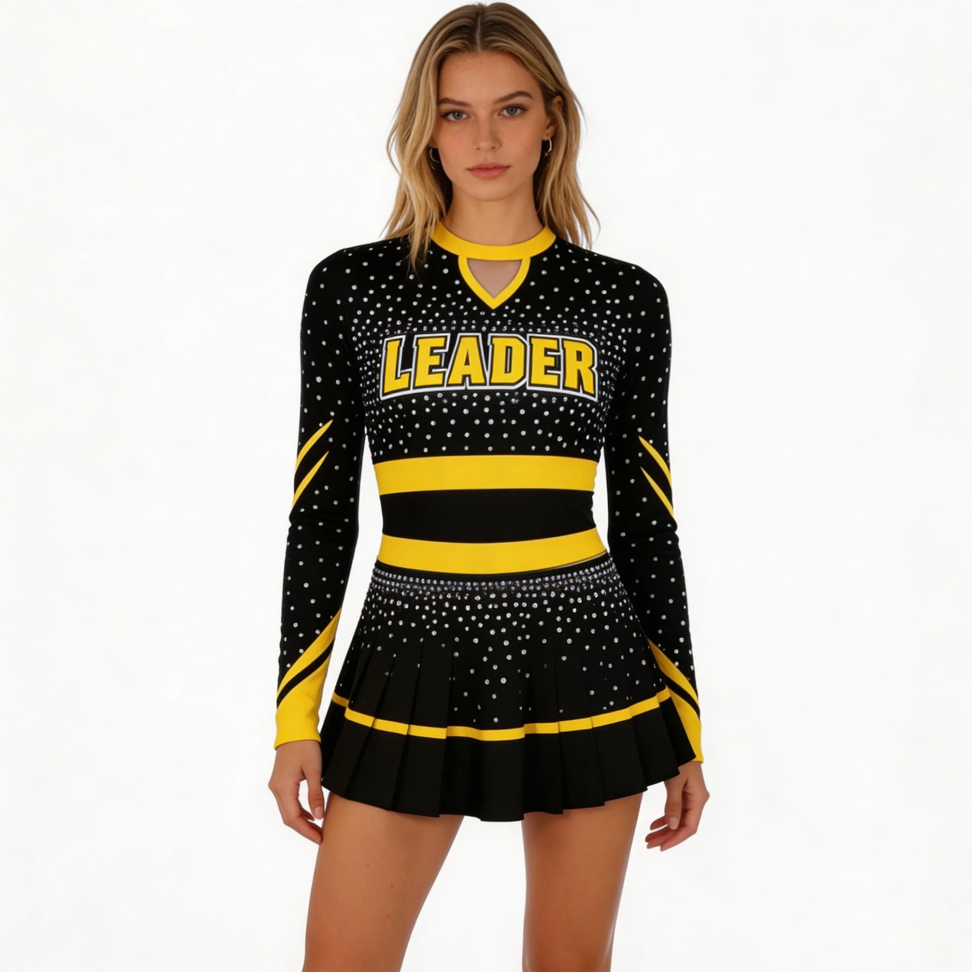 

Shiny Rhinestone Long Sleeve Cheerleader Uniform Women Black Yellow LEADER Print Cheer Costume Pleated Skirt Performance Outfit