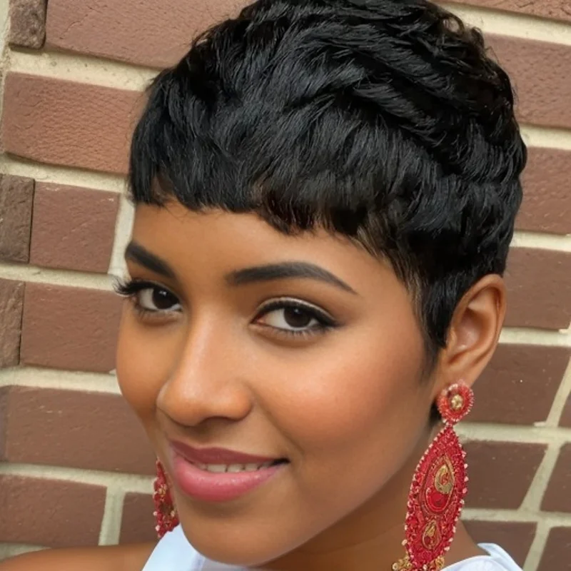 ブラジリアンショートピクシーカットレイヤードフルマシンメイドウィッグ（女性用）